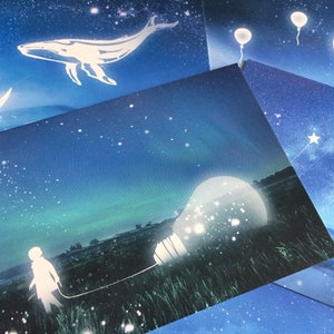 30 fantastyczny krajobraz papierowa karta abstrakcyjny świat marzeń fantazyjny gwiaździsta noc północne światło świecący w ciemności księżyc krajobraz pocztówka papier prezent