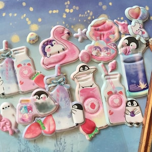 Linda pegatina hinchada de pingüino, pingüino, vacaciones de verano, conchas marinas, pingüinos, animal marino súper lindo, comida, fiesta, planificador ártico, bricolaje, artesanía, pegatina, regalo