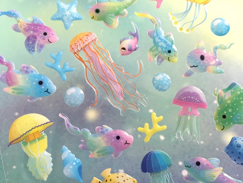 fancy rare fish deep sea creatures sticker rainbow fish tropical fish weird fish epoxy sticker jellyfish group colorful sea world deco gift image 3