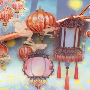 Ancient lantern sticker Paper lantern Chinese lantern flower lantern oreintal lantern art lantern festival lable planner decor paper gift
