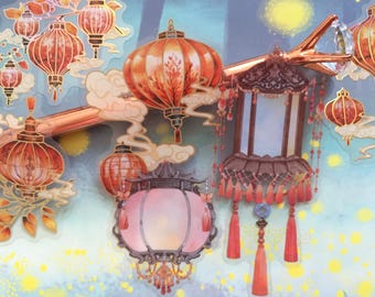 Ancient lantern sticker Paper lantern Chinese lantern flower lantern oreintal lantern art lantern festival lable planner decor paper gift