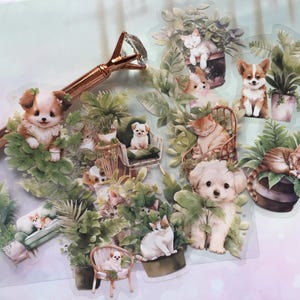 15 adesivos adoráveis para gatinhos, animais de estimação fofos com efeito de estufa, mini gatos e cachorros superfofos, plantas felizes, animais, desenho animado, etiqueta, decoração, artesanato, presente, faça você mesmo
