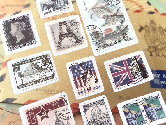 Vintage old stamp sticker Antique postage stamp collection The Statue of Liberty Retro Europe London big ben Eiffel Tower Roma icon label