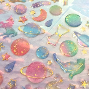 fantasie ruimte sticker fantasie planeet mysterieus eenhoorn universum kat kleurrijk fonkeling vallende ster maan dierenriem pictogram epoxy sticker cadeau