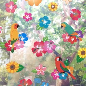 熱帯の鳥のステッカー カラフルなオウム アカコンゴウインコ 緑の羽 青い羽 鳥 ひまわり 夏の花 熱帯の花のステッカー スクラップブック