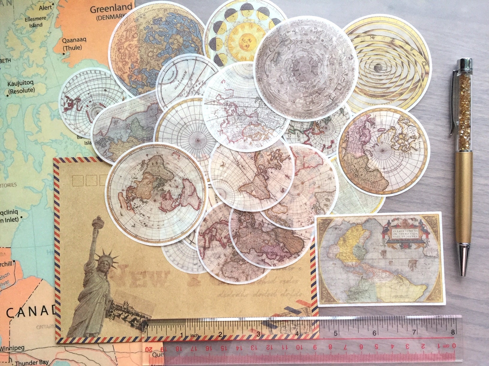 20 Retro World Map Sticker Mini Ancient Map Vintage Sailing Map Antique ...