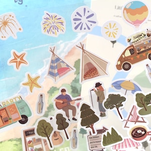 Sticker sur le thème du camping, mini arbre, voiture, camping, plage, tentes, guirlandes, randonnée dans la forêt, feu d'artifice de la rue, profitez de l'autocollant pour planificateur de vacances