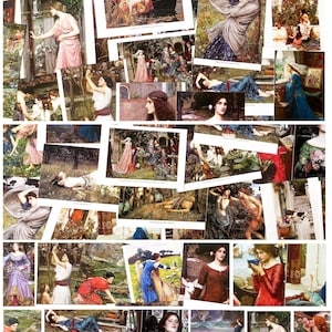 May include: A collage of vintage postcards featuring paintings of women in various poses and settings. The paintings are in a romantic style, with soft colors and flowing lines. The postcards are in good condition, with some signs of age.