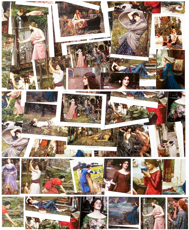 May include: A collage of vintage postcards featuring paintings of women in various poses and settings. The paintings are in a romantic style, with soft colors and flowing lines. The postcards are in good condition, with some signs of age.