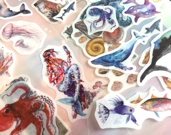May include: A sheet of colorful stickers featuring various sea creatures, including an octopus, a whale, a mermaid, a jellyfish, and a fish. The stickers are printed on clear, transparent paper.