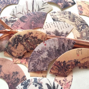 20 autocollants d'éventail en papier d'art chinois, peinture à l'encre, fleur, oiseau, dessin, mini étiquette d'éventail d'art en papier, embellissement d'album, cadeau asiatique art déco