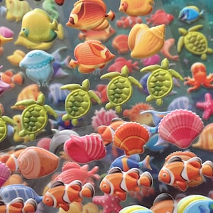 Puede incluir: Una hoja de pegatinas de pl&aacute;stico en 3D de colores que representan varias criaturas marinas, incluyendo peces, tortugas, conchas marinas y un pulpo. Las pegatinas son perfectas para a&ntilde;adir un toque de fantas&iacute;a a las manualidades, los diarios y otros proyectos.