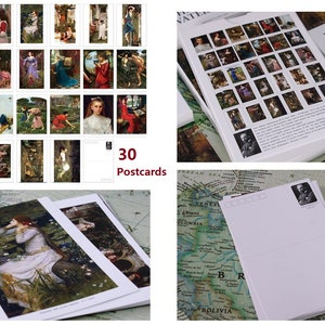 May include: A set of 30 postcards featuring paintings by John William Waterhouse. The postcards are in a white box with a black and white image of the artist on the front. The box is sitting on a map of South America. The postcards feature paintings of women in various settings, including gardens, forests, and interiors.