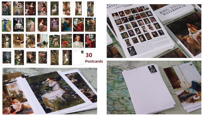 May include: A set of 30 postcards featuring paintings by John William Waterhouse. The postcards are in a white box with a black and white image of the artist on the front. The box is sitting on a map of South America. The postcards feature paintings of women in various settings, including gardens, forests, and interiors.