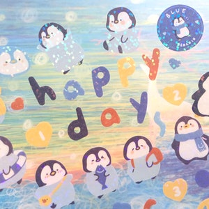 Linda pegatina de pingüino, lindo pingüino emperador, pingüino bebé FELIZ, fauna ártica, animal kawaii, planificador diario con temática de pingüino, pegatina decorativa, regalo