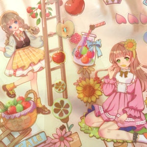 set of 4 Apple Orchard cartoon girl sticker apple Farmers Picking Apples anime comic girl countryside picnic party planner sticker gift deco