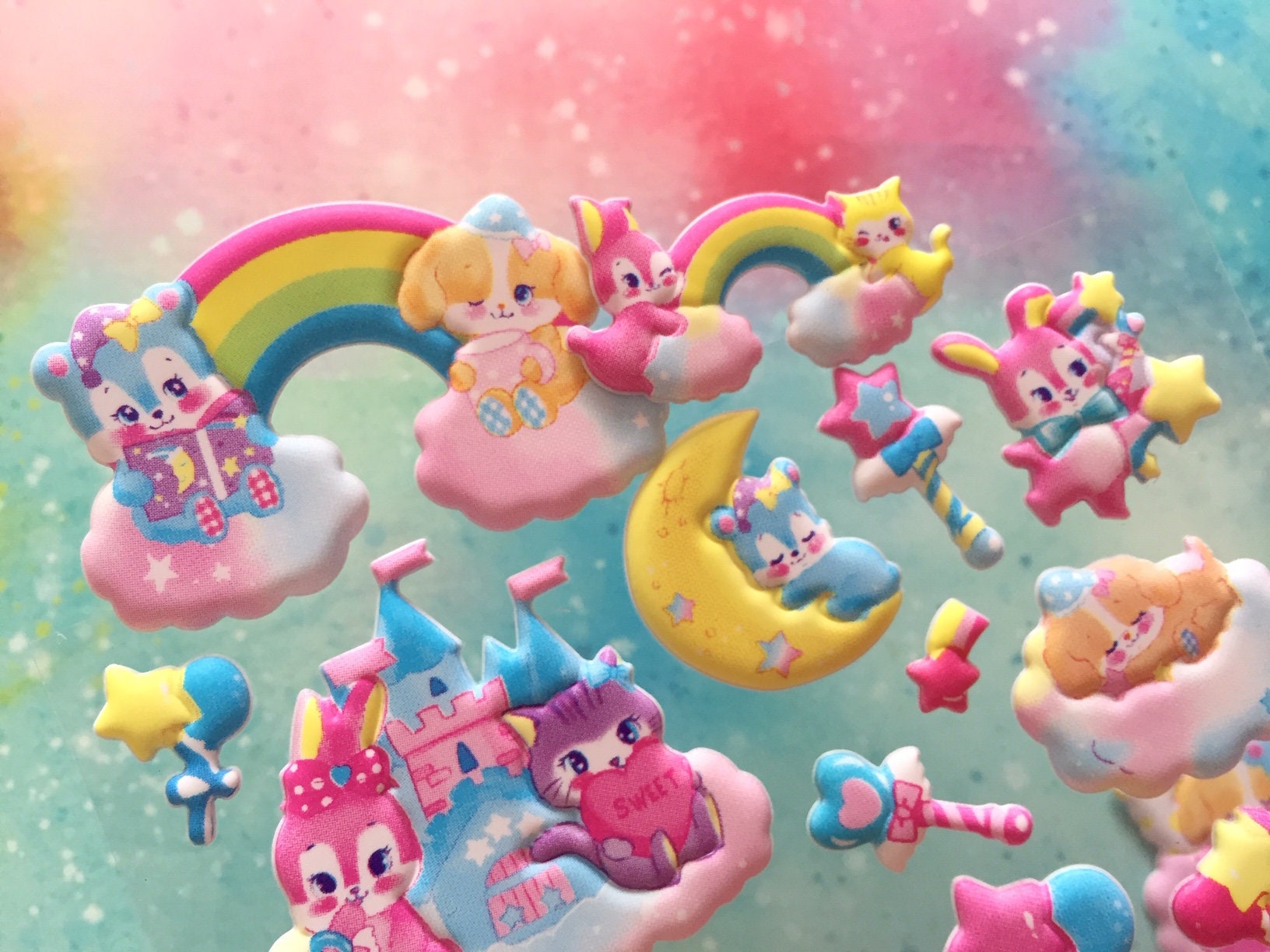 adorable pet animal sticker  fancy rainbow princess castle vintage Japanese cartoon pink rabbit bear cat sweet candy puffy sticker kids gift