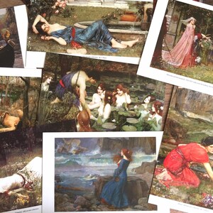 May include: A collection of vintage postcards featuring paintings of women in various settings. The postcards are printed on thick cardstock and have a matte finish.
