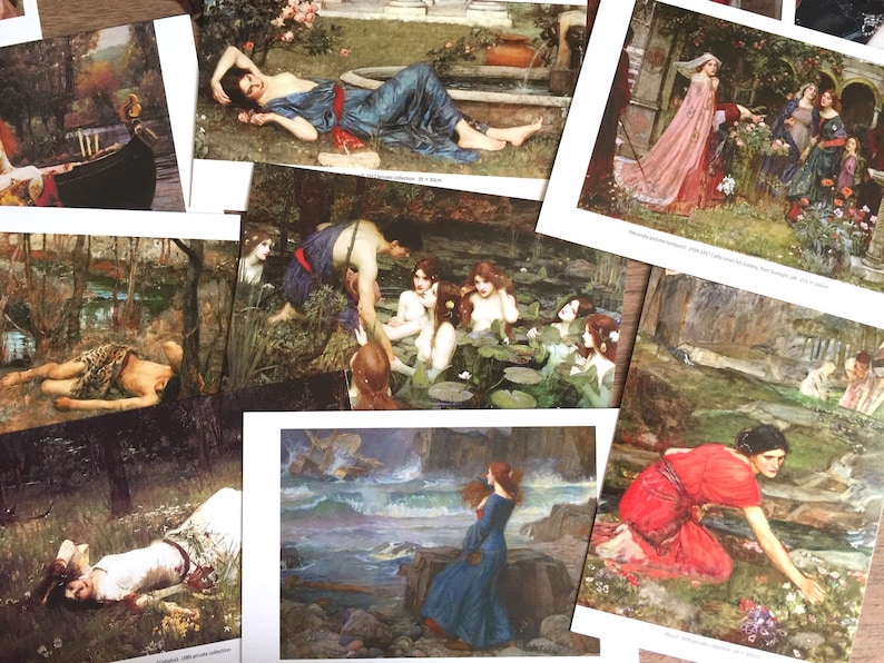 May include: A collection of vintage postcards featuring paintings of women in various settings. The postcards are printed on thick cardstock and have a matte finish.