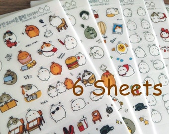 May include: Six sheets of stickers featuring cute cartoon characters in various poses and outfits. The stickers include images of bunnies, bears, and other animals, with some holding food or wearing accessories. The word "Sheets" is written in brown.