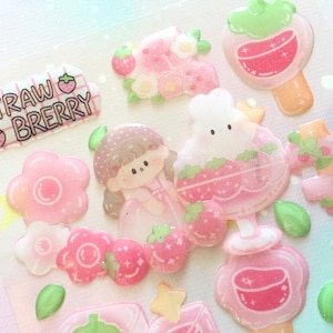 Erdbeere Dessert Epoxy Sticker Cartoon Erdbeer essen Pudding Gelee Erdbeere Rezepte süße Süßigkeiten rosa Erdbeere Kaninchen Essen Ikone Geschenk