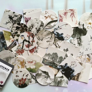 40 encre peinture autocollants, chinois traditionnel autocollant de fleur d'oiseau, magnifiques étiquettes nature fleurs botaniques peinture