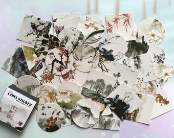 40 ink painting stickers Chinese traditional bird flower sticker Gorgeous nature label botanical flowers water color painting sticker flakes
