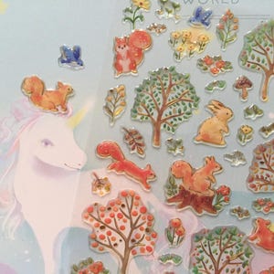 Pegatina de epoxi con forma de ardilla del bosque otoñal, cuento de hadas, conejo, pájaro, mini animal del bosque, temporada de otoño, tema de naturaleza, planta, mini icono