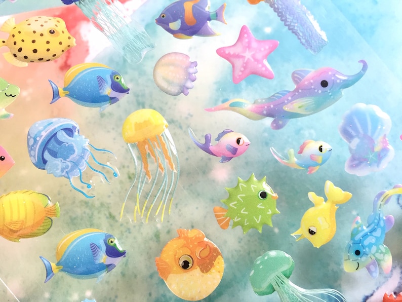 fancy rare fish deep sea creatures sticker rainbow fish tropical fish weird fish epoxy sticker jellyfish group colorful sea world deco gift image 2