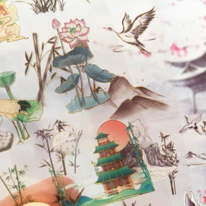 Sticker 60 oiseaux grues lys louts, encre de Chine noire, peinture d'art motif traditionnel oriental plante fleur asiatique fine art déco étiquette cadeau