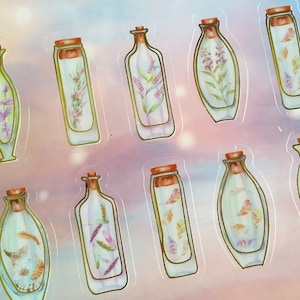 Pegatinas para botellas de flores, botellas de vidrio, flores en macetas, plantas en macetas, decoración botánica para tarros, pegatinas para plantas de jardín, planificadores de jardinería, pegatinas artísticas con flores.