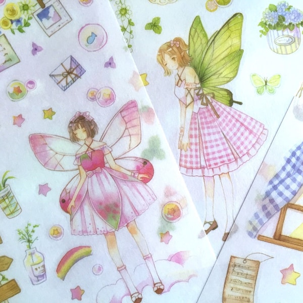 set of 6 flower fairy stickers butterfly flower elf fancy fairy tale green pink blue little fairy garden fariyland girl Gift fairy decor