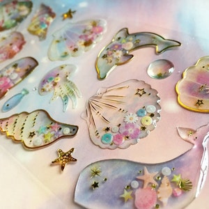 Sea shell sticker, mooi zeepark kwallen dolfijn walvis Epoxy sticker, bloem schelp chique diepblauwe zee sticker, plakboek gift