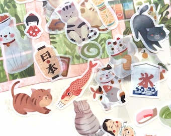 60 Japanische Cartoon Katze Washi Aufkleber, Glückskatze & Mt. Fuji (6 Seiten)