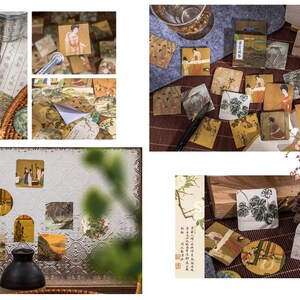 May include: A set of vintage-style decorative stickers featuring traditional Chinese art and calligraphy. The stickers are printed on a textured paper and have a distressed look. The stickers are perfect for adding a touch of vintage charm to journals, planners, and other craft projects.