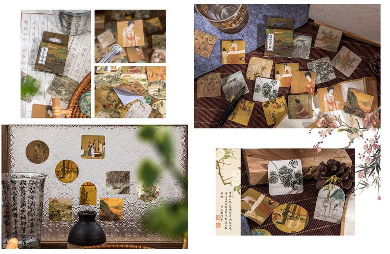 May include: A set of vintage-style decorative stickers featuring traditional Chinese art and calligraphy. The stickers are printed on a textured paper and have a distressed look. The stickers are perfect for adding a touch of vintage charm to journals, planners, and other craft projects.