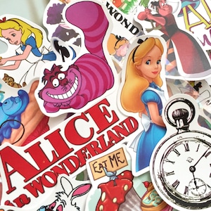 Stickers collection Alice au pays des merveilles Sticker cadeau Alice au pays des merveilles La reine de coeur Chapelier fou Chat de Cheshire Lapin blanc en papier déco