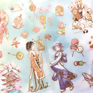 4 sheets Japan anime girl sticker Kimono fashion cartoon traditional dress Japanese culture oriental beauty decor craft sticker gift