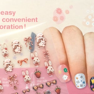 entzückender Erdbeer-Kaninchen-Aufkleber 3D-Kaninchen Nail Art Sticker Super-Mini-Kaninchen-Kaninchen-Nagellack-Dekor einfach geprägte Nagel-Abziehbild