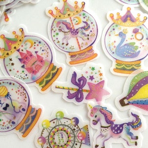 48 Sticker dôme de neige Boîte à musique boule à musique en cristal Sticker manège boule de verre conte de fées Sticker château Sticker flocon de cirque carrousel