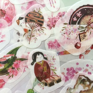 47 Stickers culture du Japon, fleurs de cerisier roses, sakura, éventail japonais en papier kokeshi, cuisine traditionnelle japonaise, sushi, paysage, déco, cadeau de scrapbooking