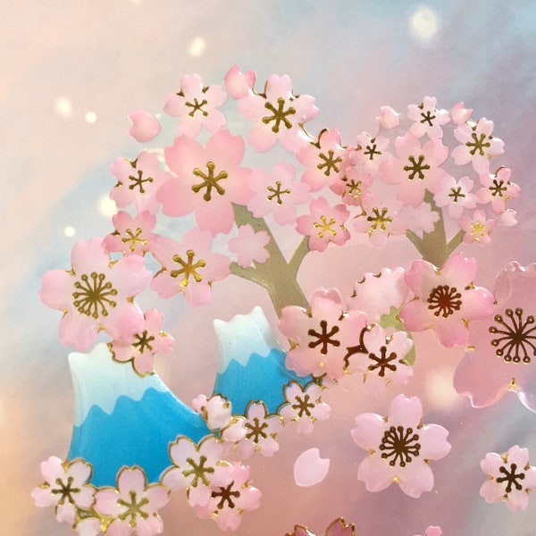 Sakura tree Mount Fuji epoxy sticker Cherry Blossom gold foiled sticker diy easy flower craft ooak jewelry ideas handmade girl gift