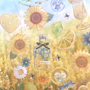 Adesivo de girassol e limão limonada, margarida, flor, formato de coração, mini garrafa artesanal de limão, fatia de coração, adesivo epóxi com tema de verão, tom amarelo, presente