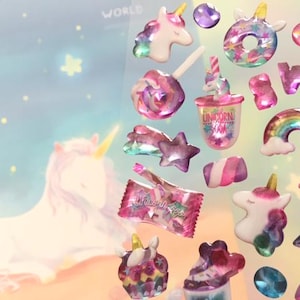 Adorável unicórnio doce comida adesivo epóxi mini colorido unicórnio temático sobremesa estrela pirulito fantasia princesa adesivo de festa presente super fofo