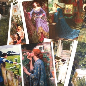 May include: A collection of vintage postcards featuring paintings of women in various settings. The paintings are in a romantic style, with soft colors and flowing lines. The postcards are in good condition, with some minor wear and tear.