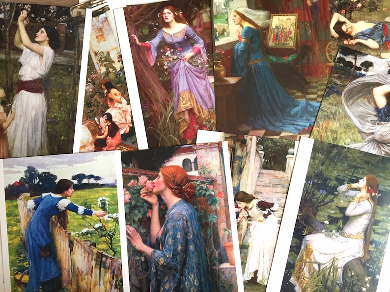 May include: A collection of vintage postcards featuring paintings of women in various settings. The paintings are in a romantic style, with soft colors and flowing lines. The postcards are in good condition, with some minor wear and tear.