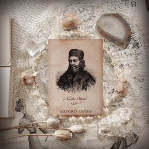 Nicolas Flamel. carte imprimée portrait ancien décoration vintage alchimie magie potion .