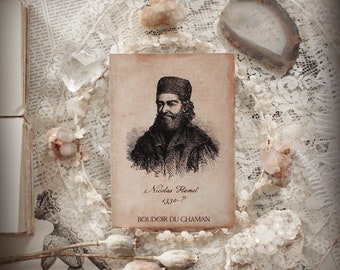 Nicolas Flamel. printed card old portrait vintage decoration alchemy magic potion.