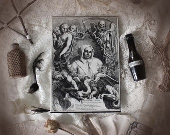 The Neighbor . printed 15X21cm antique print of the 17th illustration poison vintage witchcraft gothic magic pagan .