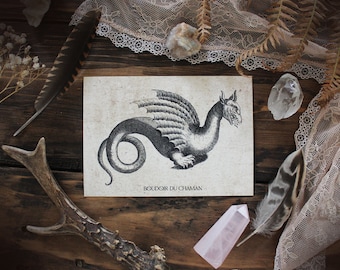 The Dragon. printed card illustration from the 17th vintage botanical decoration witchcraft magic.